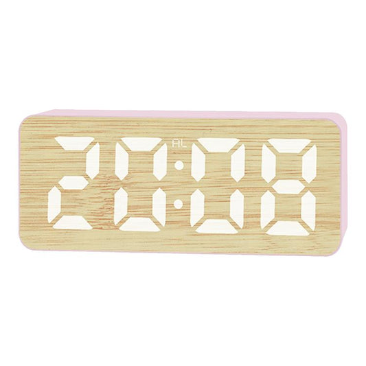 Bamboo-texture LED digital alarm clock with bright white time digits on pink frame.