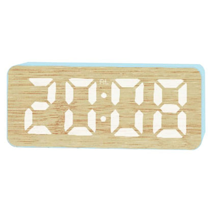 Bamboo-texture LED digital alarm clock with bright white time digits on light blue trim.