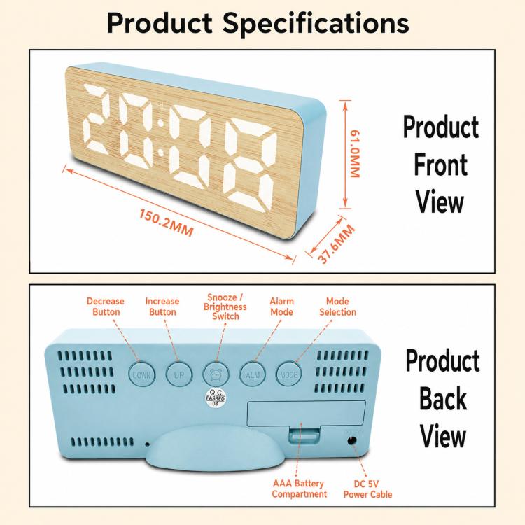 DS-5821L Multifunctional Bamboo Texture Smart LED Digital Display Electronic Alarm Clock