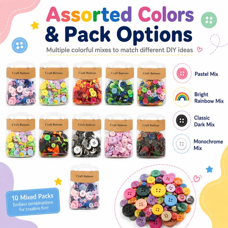 175g/Pack Mixed Sizes Colorful Round Resin Buttons DIY Craft Kit, 250-400 Pieces/Pack
