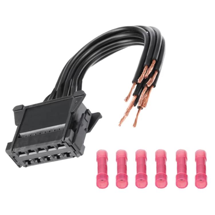 Blower resistor wiring harness with black connector housing, wire ends, and pink terminals