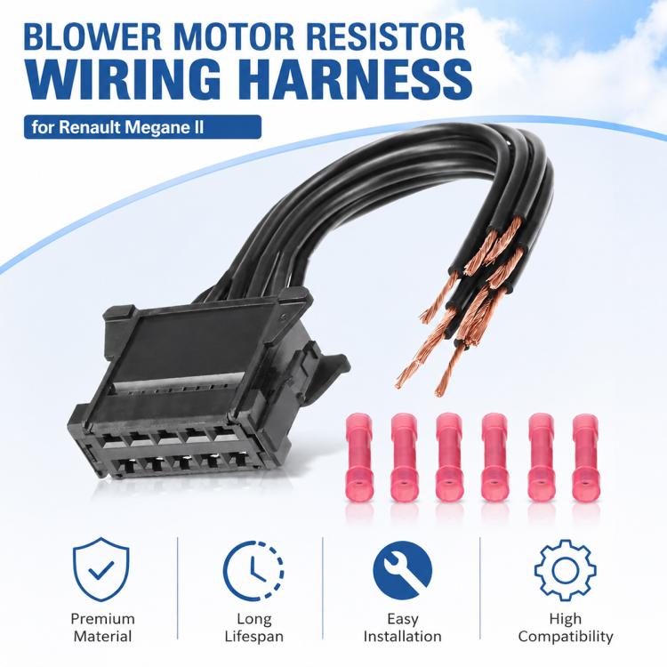 Blower motor resistor wiring harness with black connector, copper leads, and pink terminals