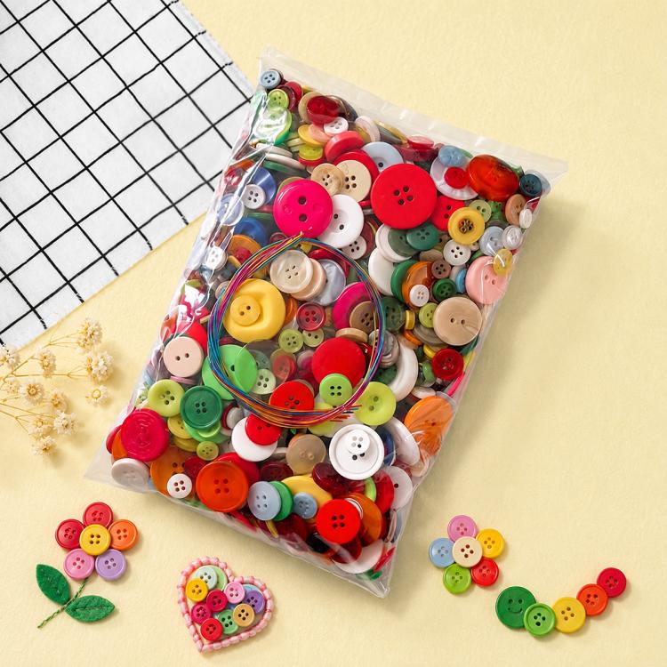 Clear pouch of mixed round resin buttons in red, green, beige, and colorful wire