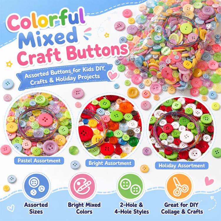 Assorted round resin buttons kit with mixed colors, including pastel and bright sets