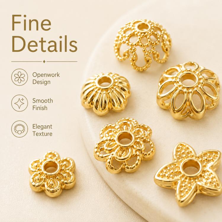 Gold hollow 6-petal flower bead caps with center hole, openwork scalloped detail