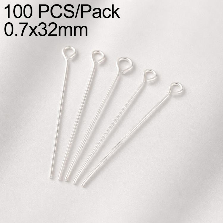 Silver-tone bead head pins with loop heads, 0.7x32mm, pins with round eyes