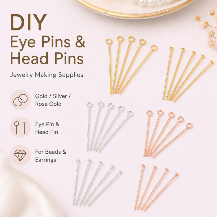 DIY eye pins and head pins assortment with looped heads and bead heads for jewelry making