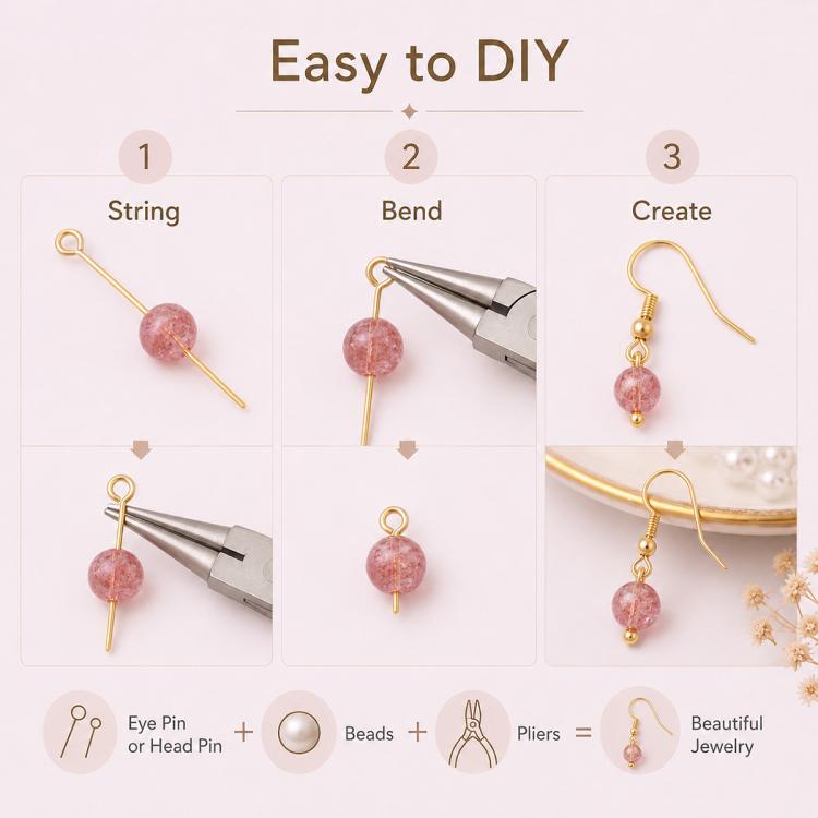 Eye pin and head pin craft pieces with looped ends and small beads for easy DIY jewelry