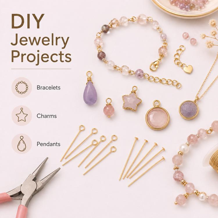 Assorted gold eye pins and bead head pins with looped ends for DIY jewelry charms