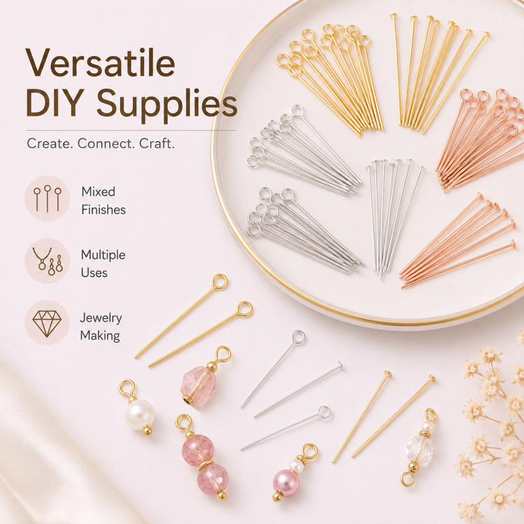 Mixed eye pins and bead head pins in gold and silver tones with looped ends for DIY