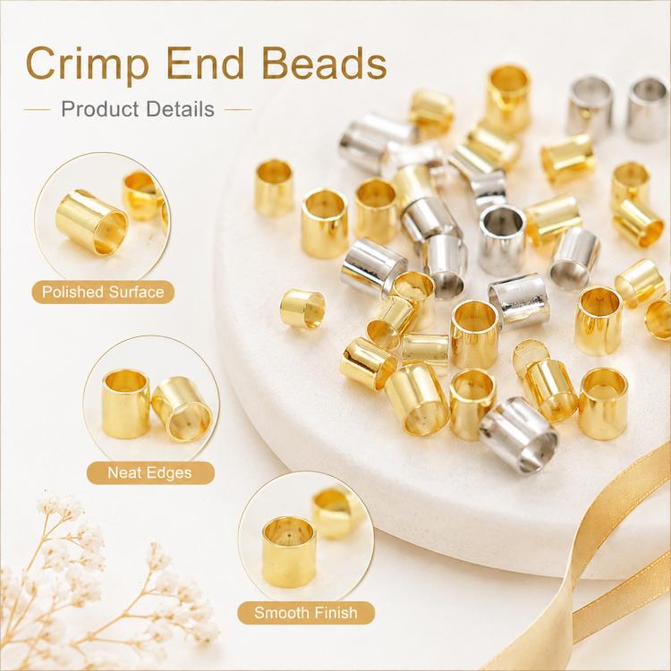 Crimp end beads product display with gold and silver-tone small tube separator clips