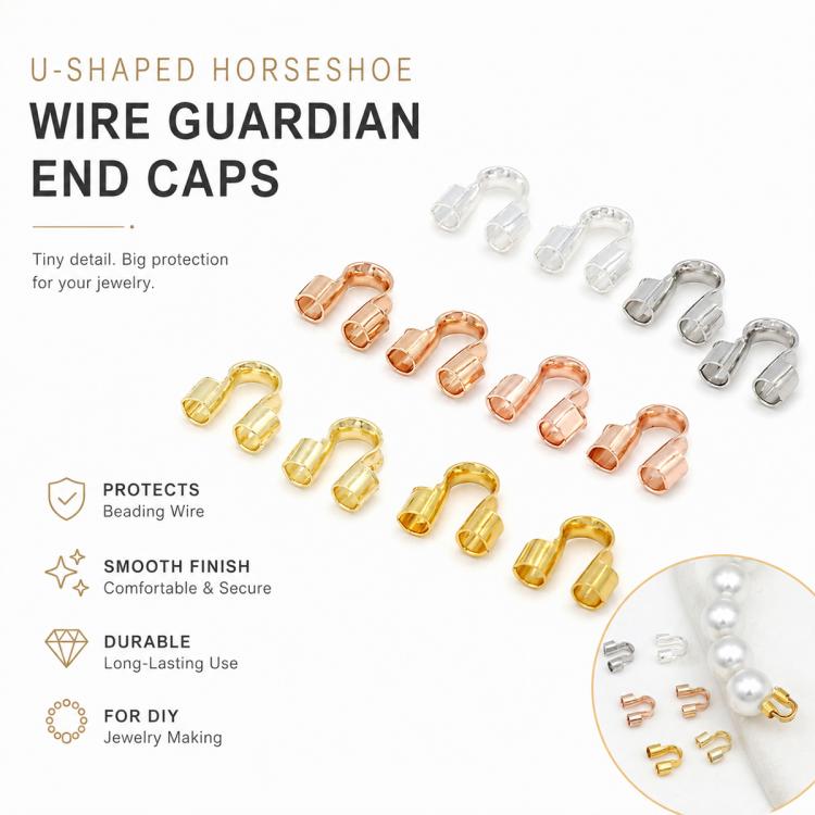 U-shaped horseshoe wire end caps in mixed gold, rose gold, orange, and silver tones