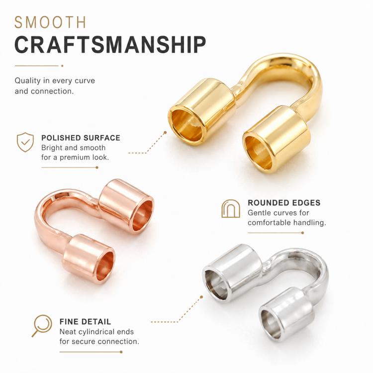 U-shaped horseshoe wire end caps in gold, rose gold, and silver tones, polished