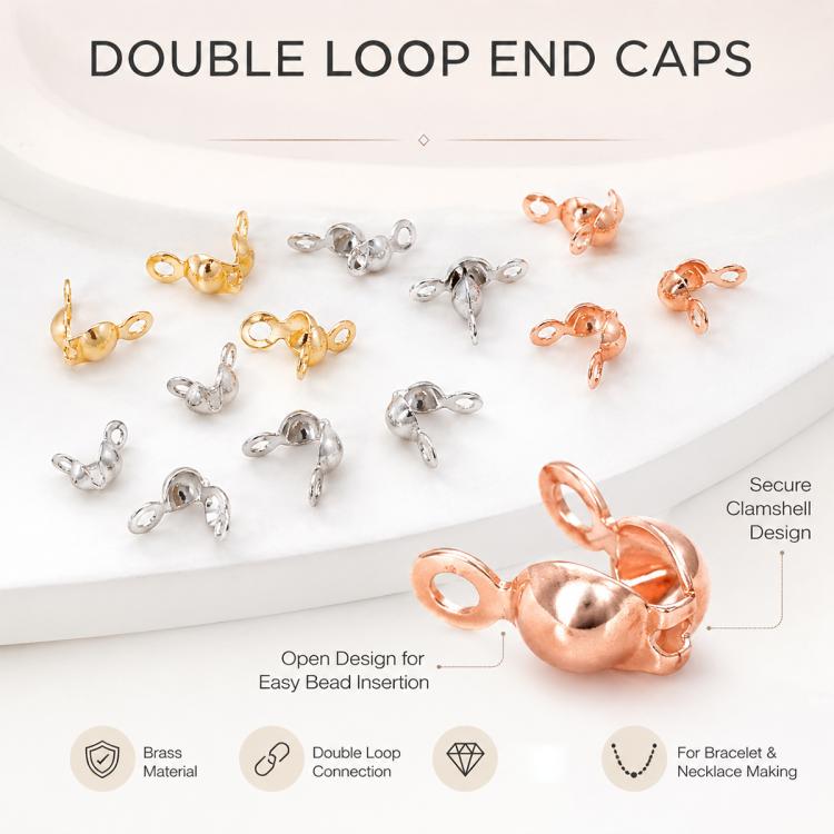 Double-loop end caps assortment showing secure clamshell design in gold-tone and silver-tone