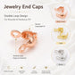 Jewelry end caps display featuring rose gold, gold, and silver double-loop closure ends