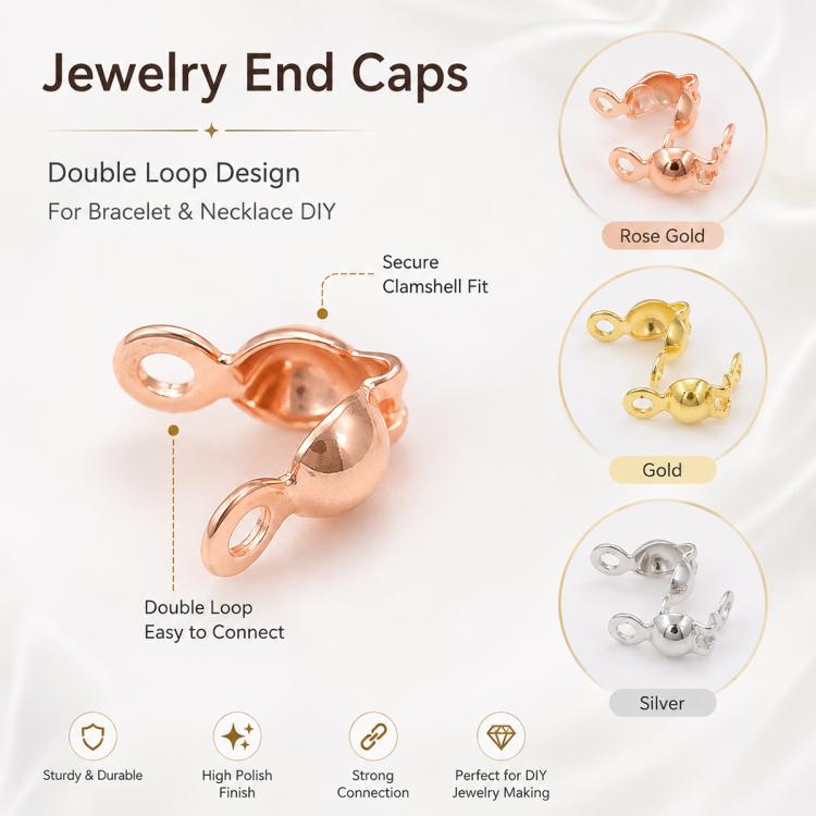 Jewelry end caps display featuring rose gold, gold, and silver double-loop closure ends