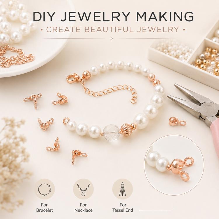 Rose gold jewelry end caps with pearl bracelet and bead-making accessories