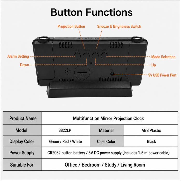 DS-3822LP Multifunctional LED Screen Dual Projection Mirror Display Electronic Digital Clock
