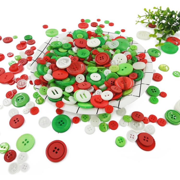 Assorted round resin buttons in red, green, and white, mixed sizes, flat backs