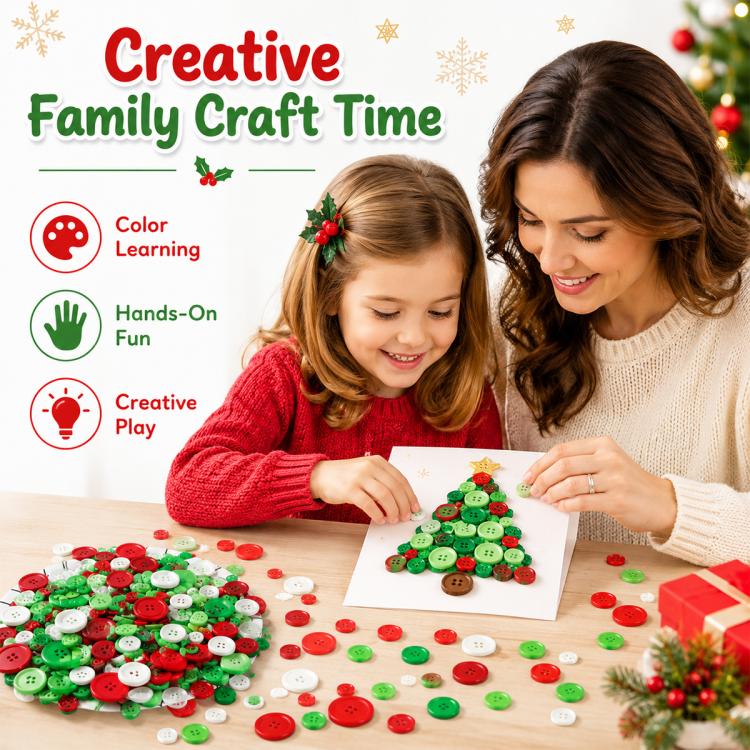 Kid craft project using mixed round buttons in red, green, and white on paper