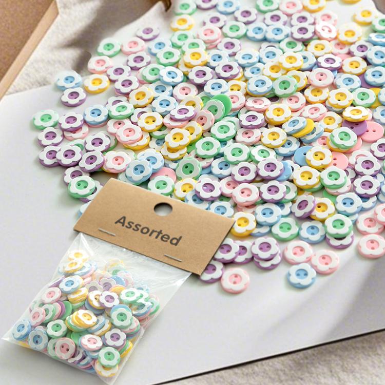 Colorful resin flower buttons in a clear pack, pastel multicolor 12mm pieces