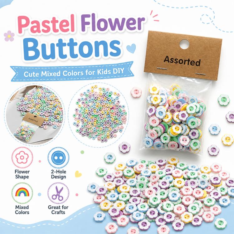 Assorted resin flower buttons set, mixed pastel colors, double-layer 12mm