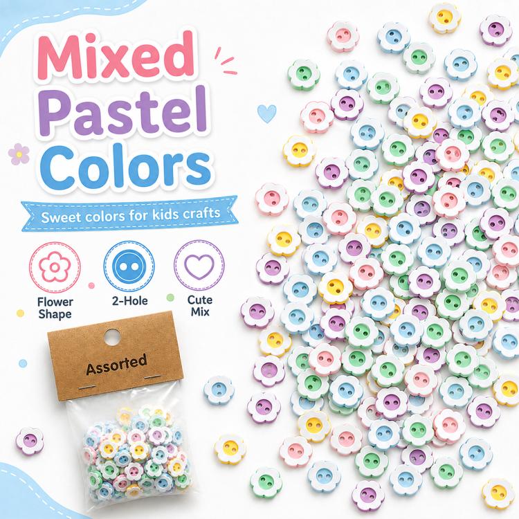 Mixed pastel resin flower buttons, double-layer round 2-hole design, 12mm