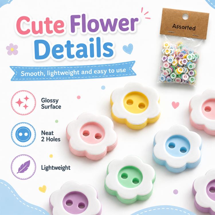 Pastel resin flower buttons with 2 holes, glossy double-layer, mixed colors, 12mm