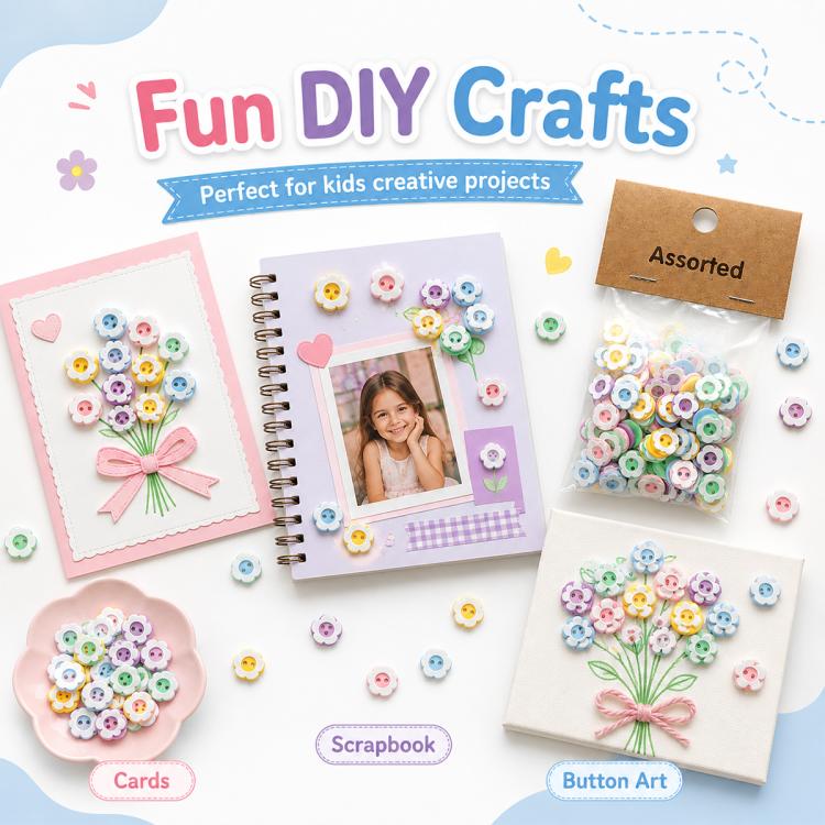 Assorted resin flower buttons in a small pouch, mixed pastel and bright colors, 12mm