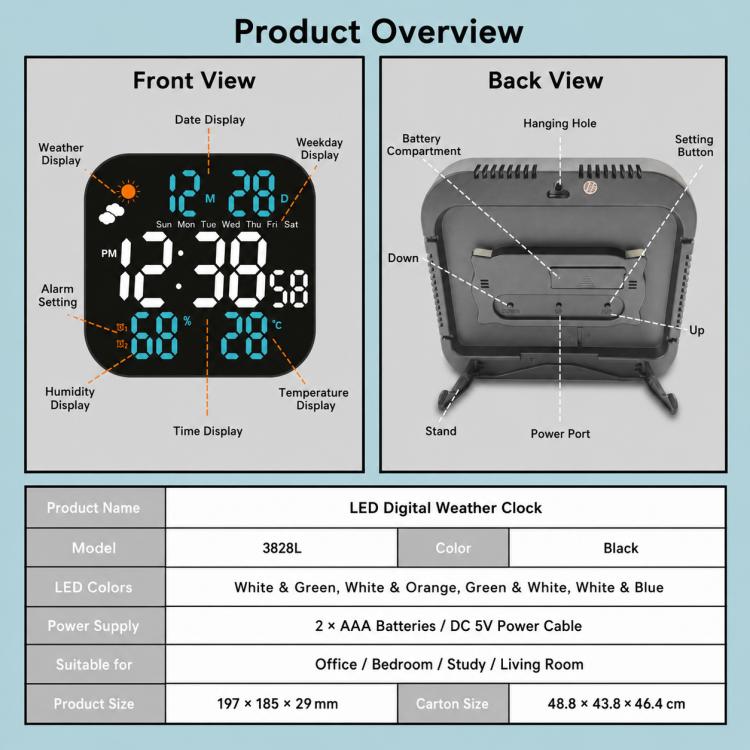 DS-3828L Multifunctional LED Digital Weather Display Electronic Clock
