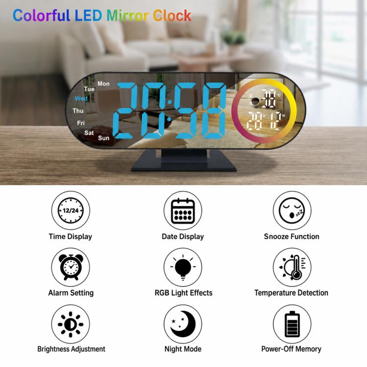 DS-3827LW Desktop Colorful Light LED Digital Display Mirror Electronic Clock