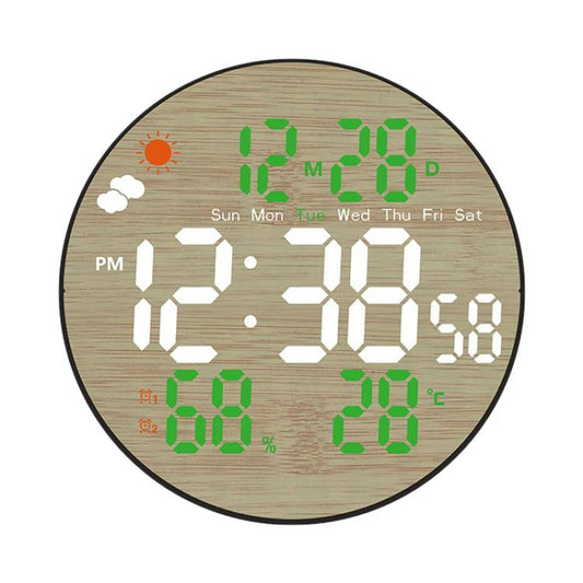 DS-5853L Multifunctional Wall Clock, LED Round Bamboo Pattern Weather Display Electronic Clock