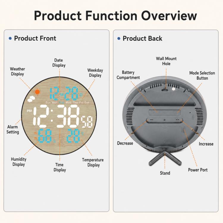 DS-5853L Multifunctional Wall Clock, LED Round Bamboo Pattern Weather Display Electronic Clock