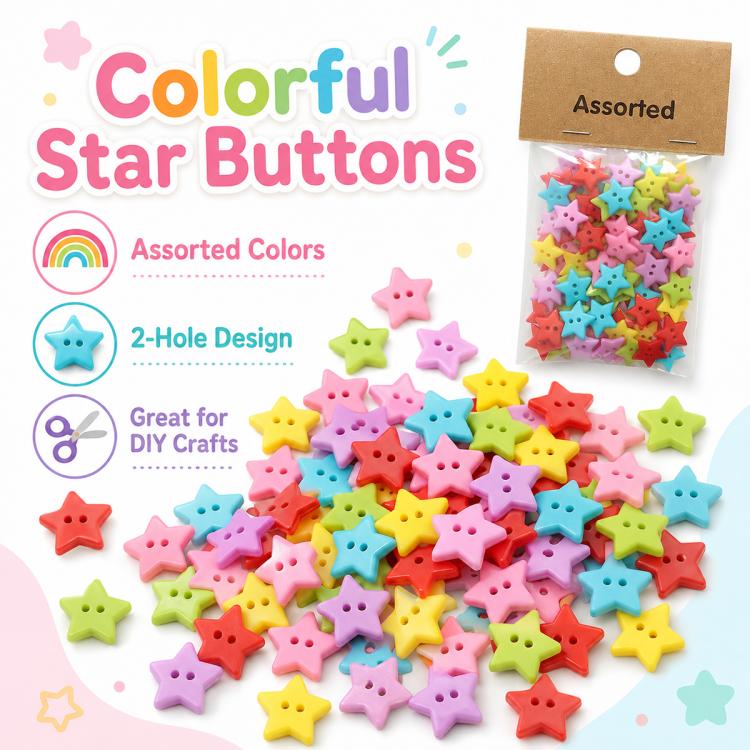 Assorted star buttons in a clear bag, colorful mixed 2-hole resin stars