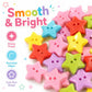 Close-up of colorful star resin buttons with 2 holes, glossy smooth finish