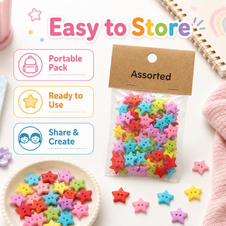 Small bag of assorted 2-hole star resin buttons, colorful mixed stars for crafts