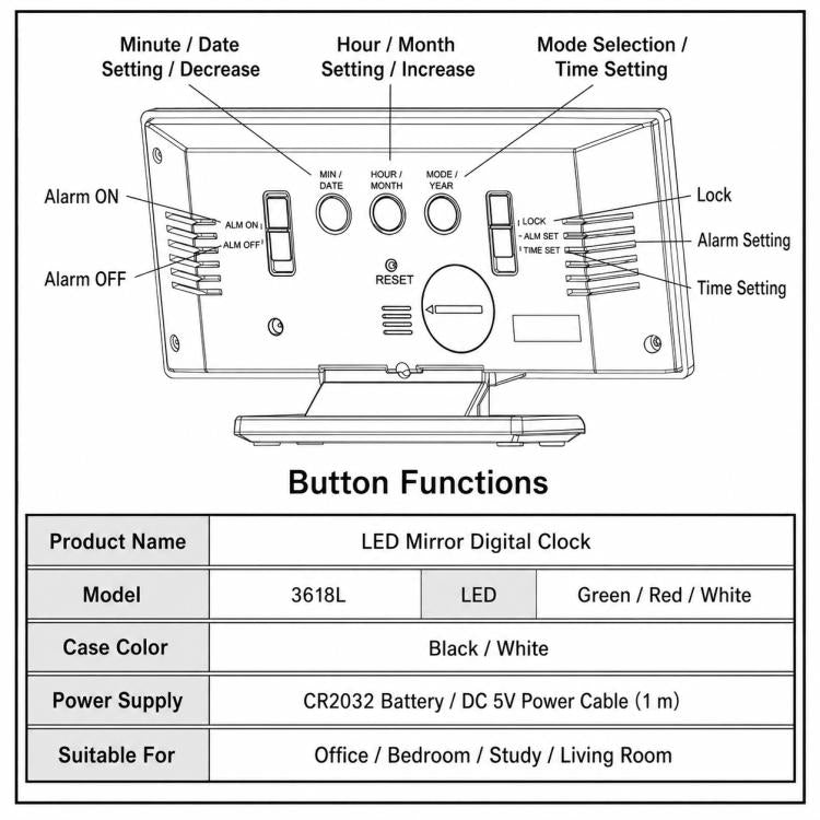 DS-3618L LED Mirror Large Screen Display Digital Electronic Clock