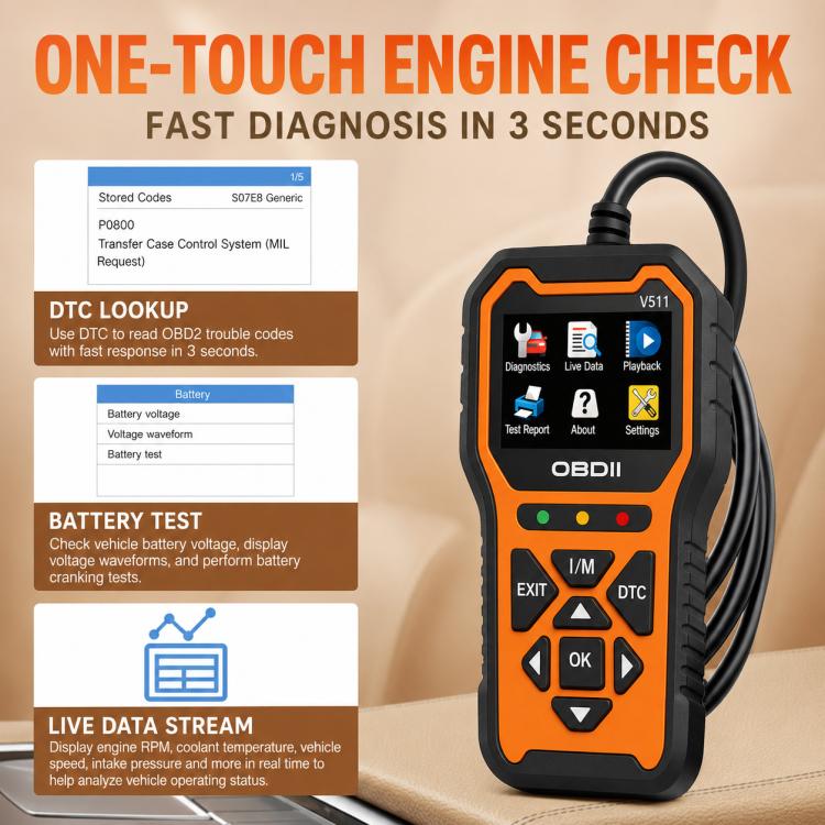 V511 Car OBD2 Diagnostic Scanner, Engine Fault Code Reading and Clearing Tool