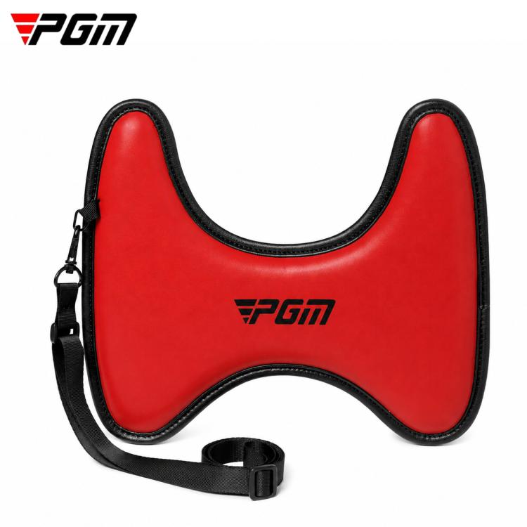 Red U-shaped golf arm alignment trainer pad with black wrist strap and lanyard