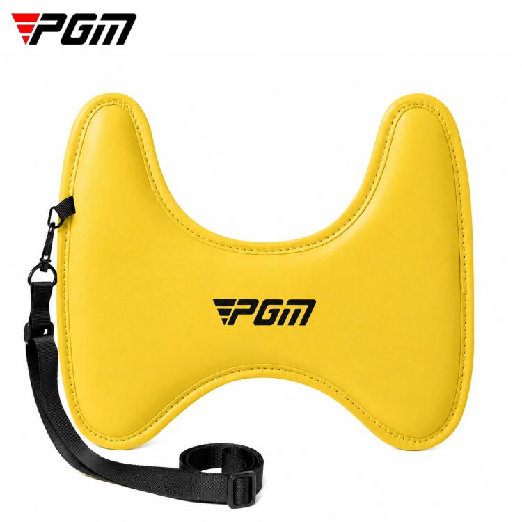 Yellow U-shaped golf arm alignment trainer pad with black wrist strap and lanyard