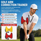 Red golf arm alignment trainer worn on a golfer’s forearm area with lanyard