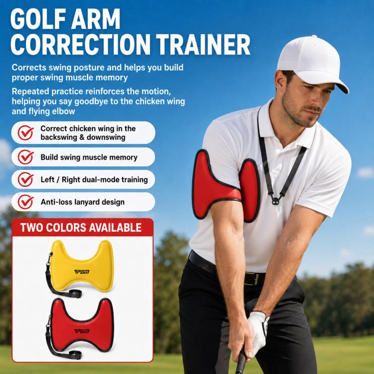 Red golf arm alignment trainer worn on a golfer’s forearm area with lanyard