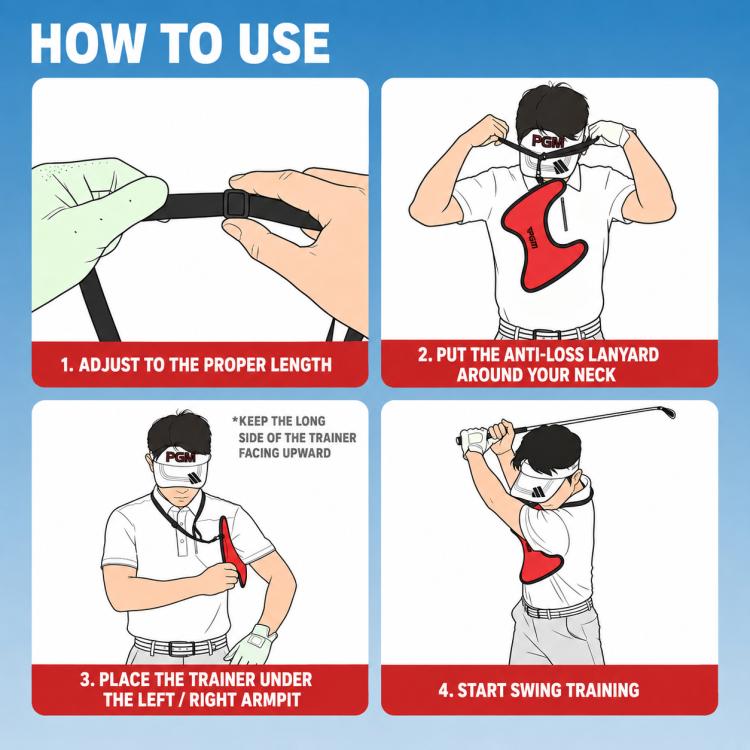 Red golf arm alignment trainer with step-by-step use instructions diagrams