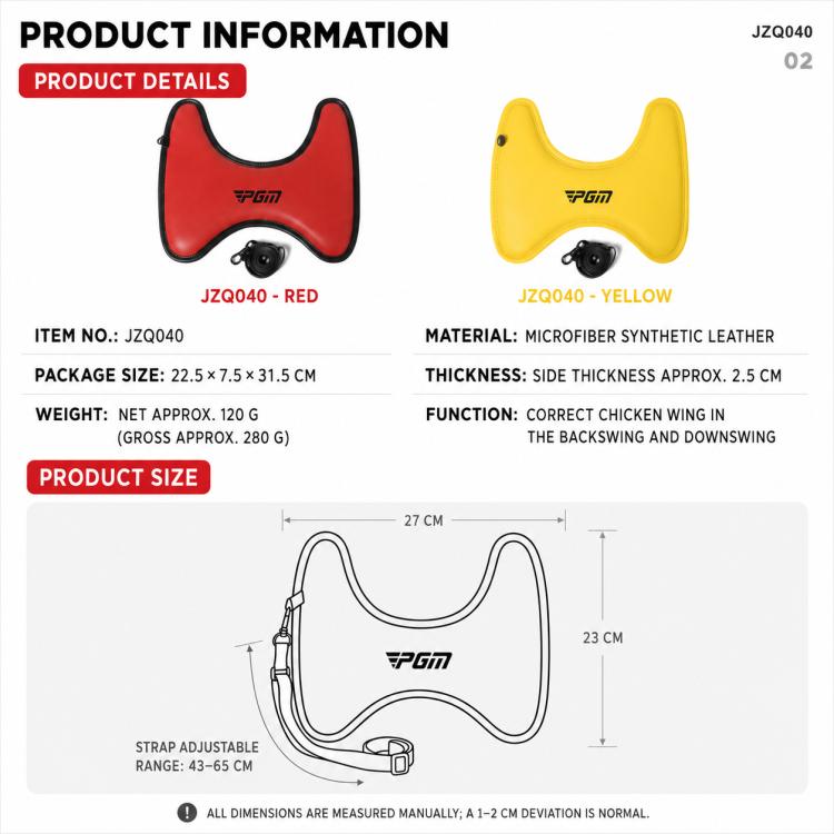 Golf arm alignment trainer product info with red and yellow U-shaped pads