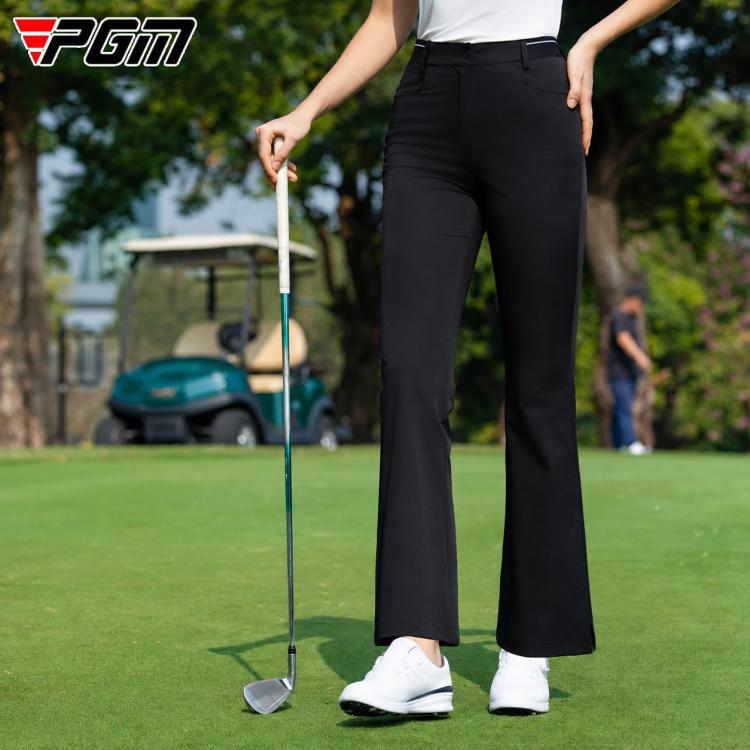 Women’s PGM black golf pants, high-waist straight flare leg.