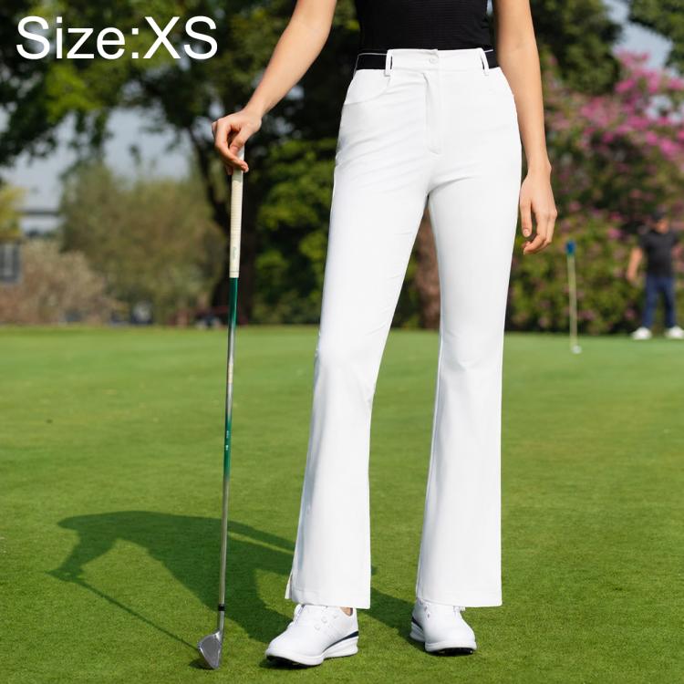 Women’s PGM white stretch golf pants, Size XS, flared legs and zip fly