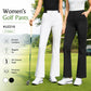Women’s PGM golf pants in white and black, high-waist flared leg.