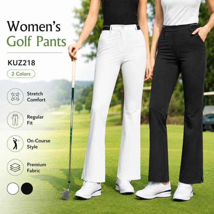 Women’s PGM golf pants in white and black, high-waist flared leg.