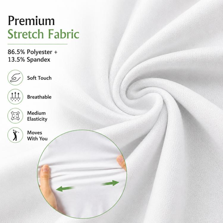 White golf pants fabric close-up, soft-touch stretch material.