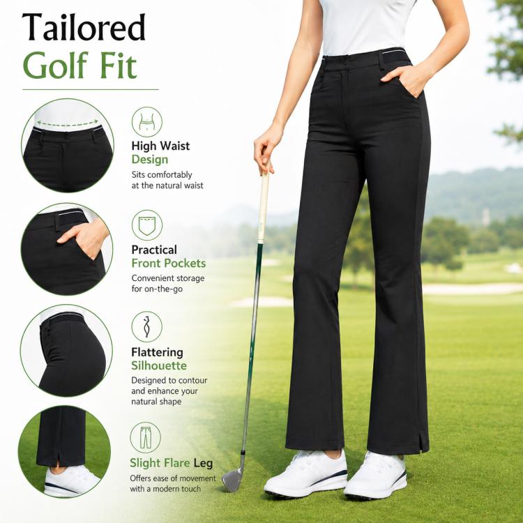 Women’s PGM black golf pants with high waist and front pockets.